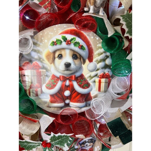 Handmade Christmas Santa Puppy Holiday Ribbon Door Wreath 22 ins W76 - Picture 4 of 12